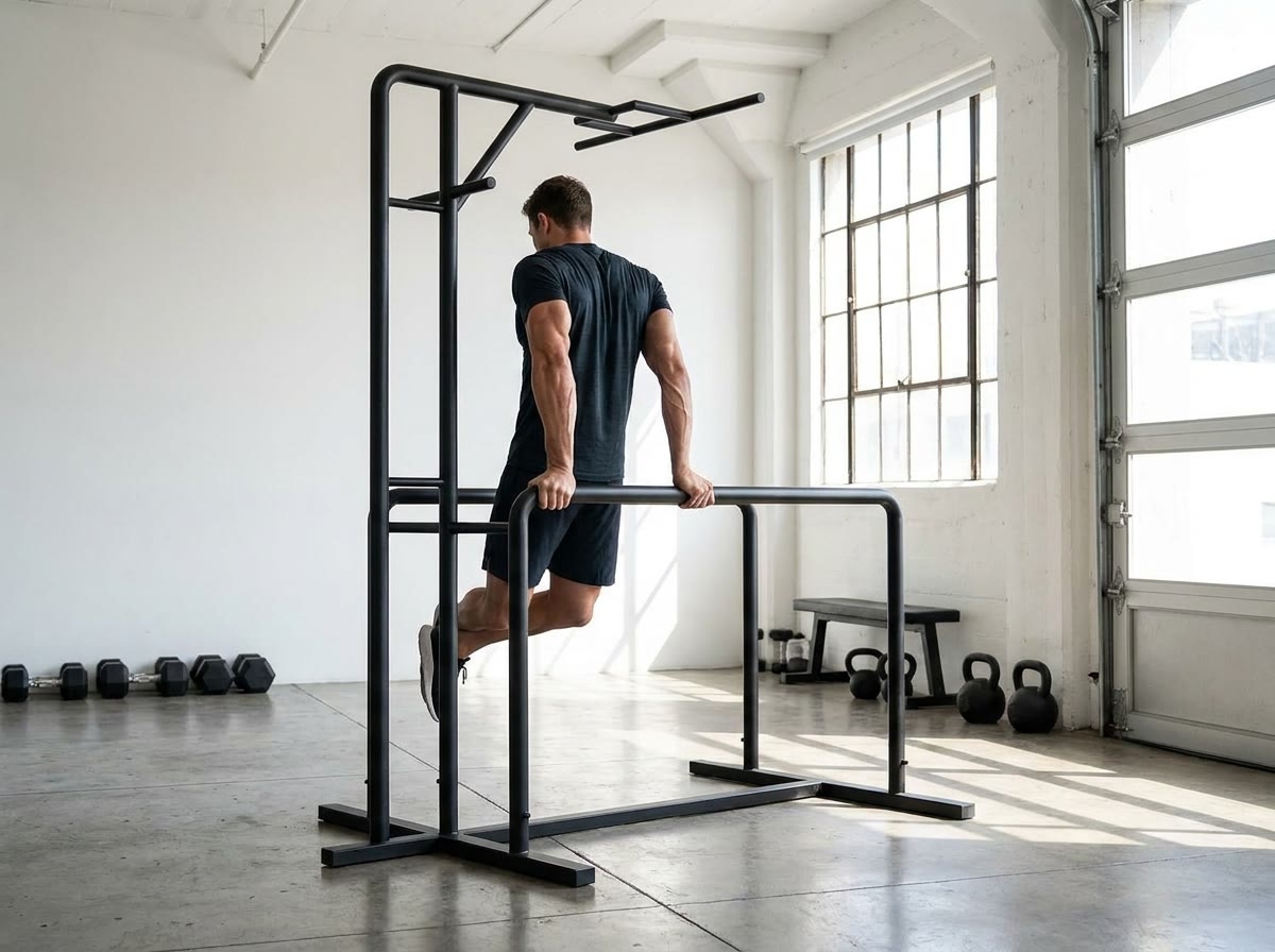 Athlete performing dips on the GymMachine parallel bars in a garage gym