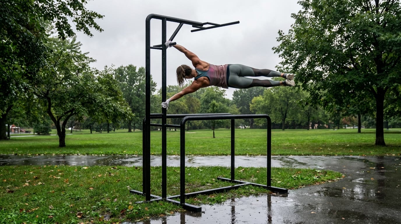 Athlete holding a human flag on the GymMachine flag pole