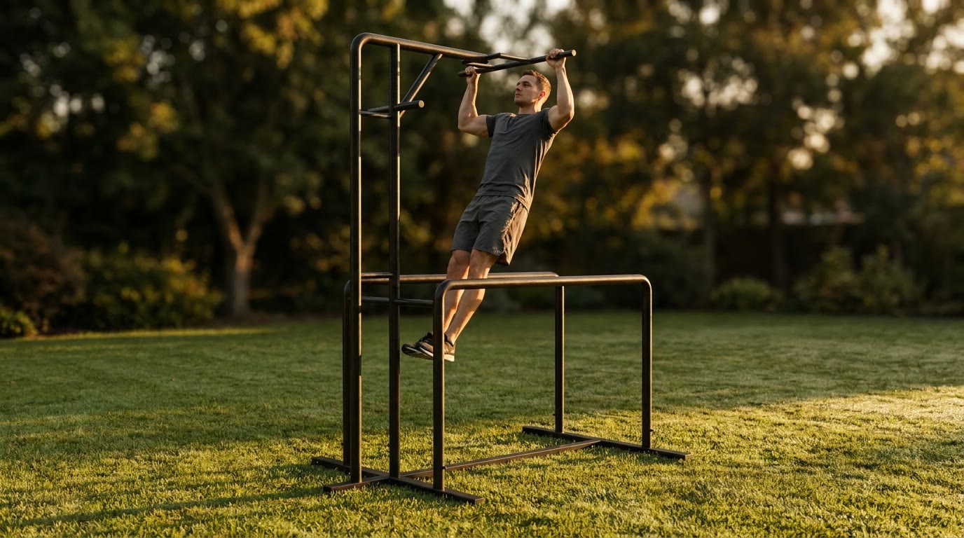 Athlete doing pull-ups on the GymMachine in a backyard at sunset